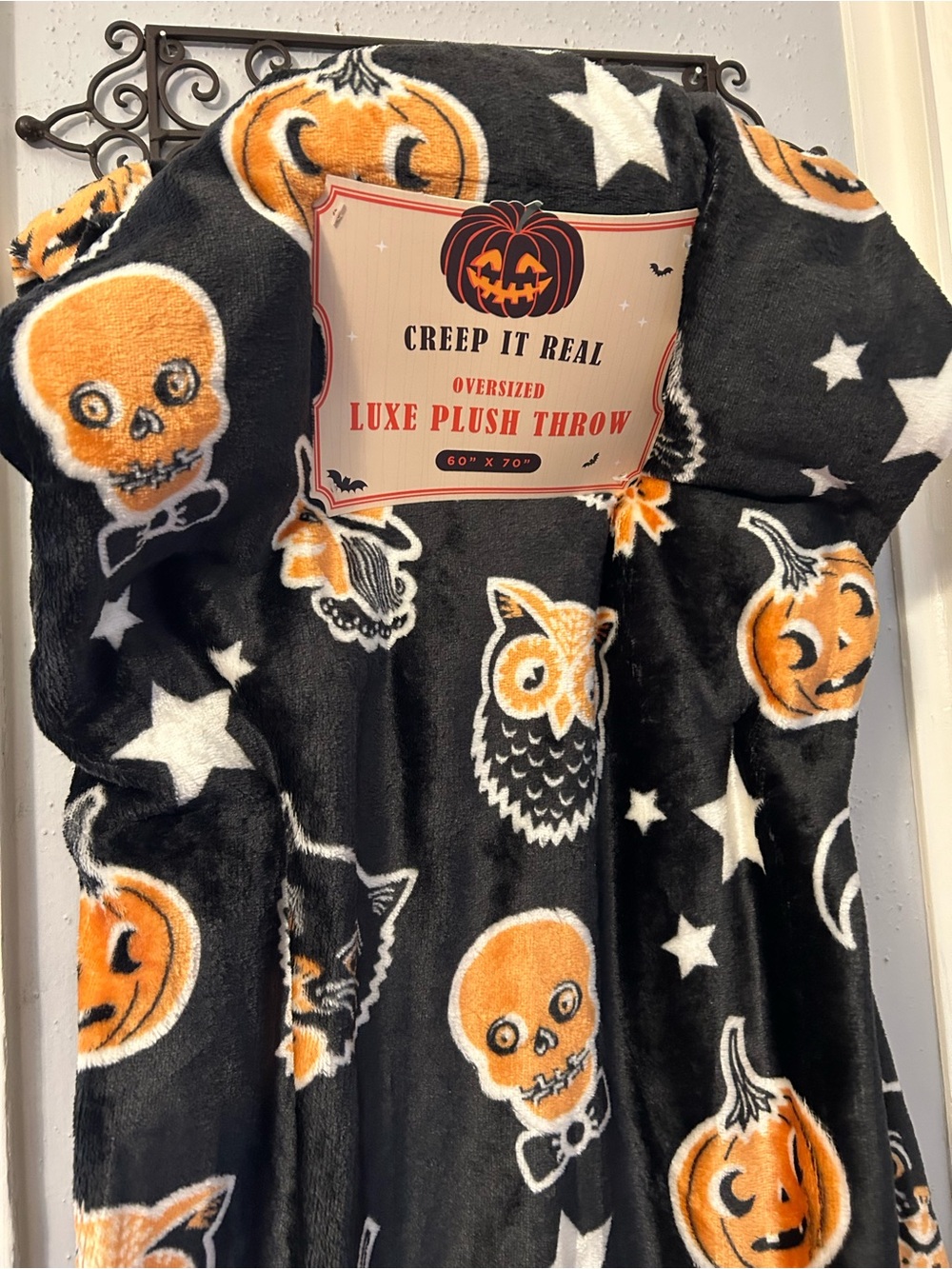 Oversized Plush Throw - Black & Orange Vintage Halloween Design